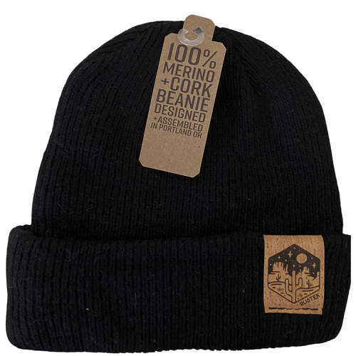 Comfortable Black Merino Wool Beanie with Cork Leather Tag
