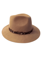 Adjustable Camel Colored Wool Felt Panama Hat With Feather Detail