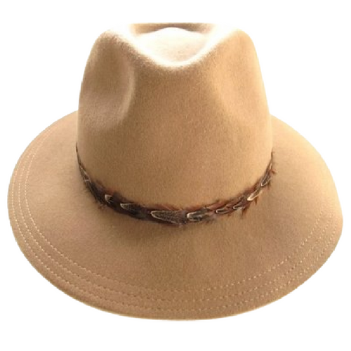 Adjustable Camel Colored Wool Felt Panama Hat With Feather Detail