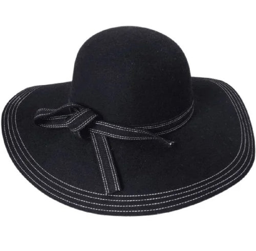Floppy Wool Hat with White Stitching and Knotted Band Detail