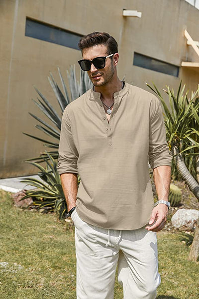 Men's Cotton Linen Henley Shirt Long Sleeve Hippie Casual Eco-friendly T Shirts 